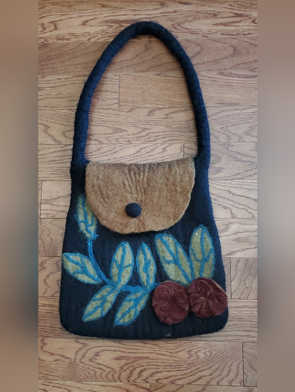 Black Shoulder Bag with Flower & Leaf Applique.